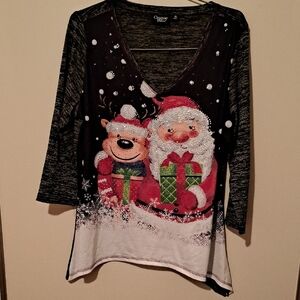 Onque Casual Christmas Santa and Reindeer Top - Black And Gray.      Size XL